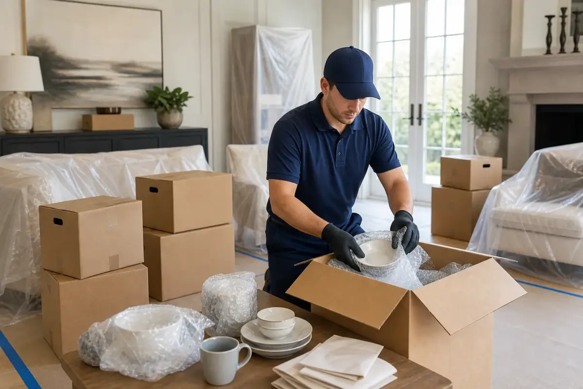 Packed boxes and protected furnishings during a careful water damage packout
