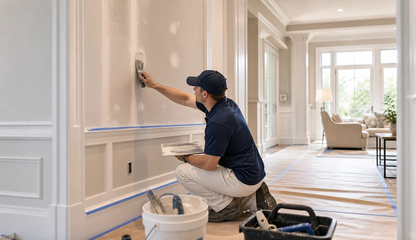 Contractor repairing finished interior surfaces after water damage mitigation